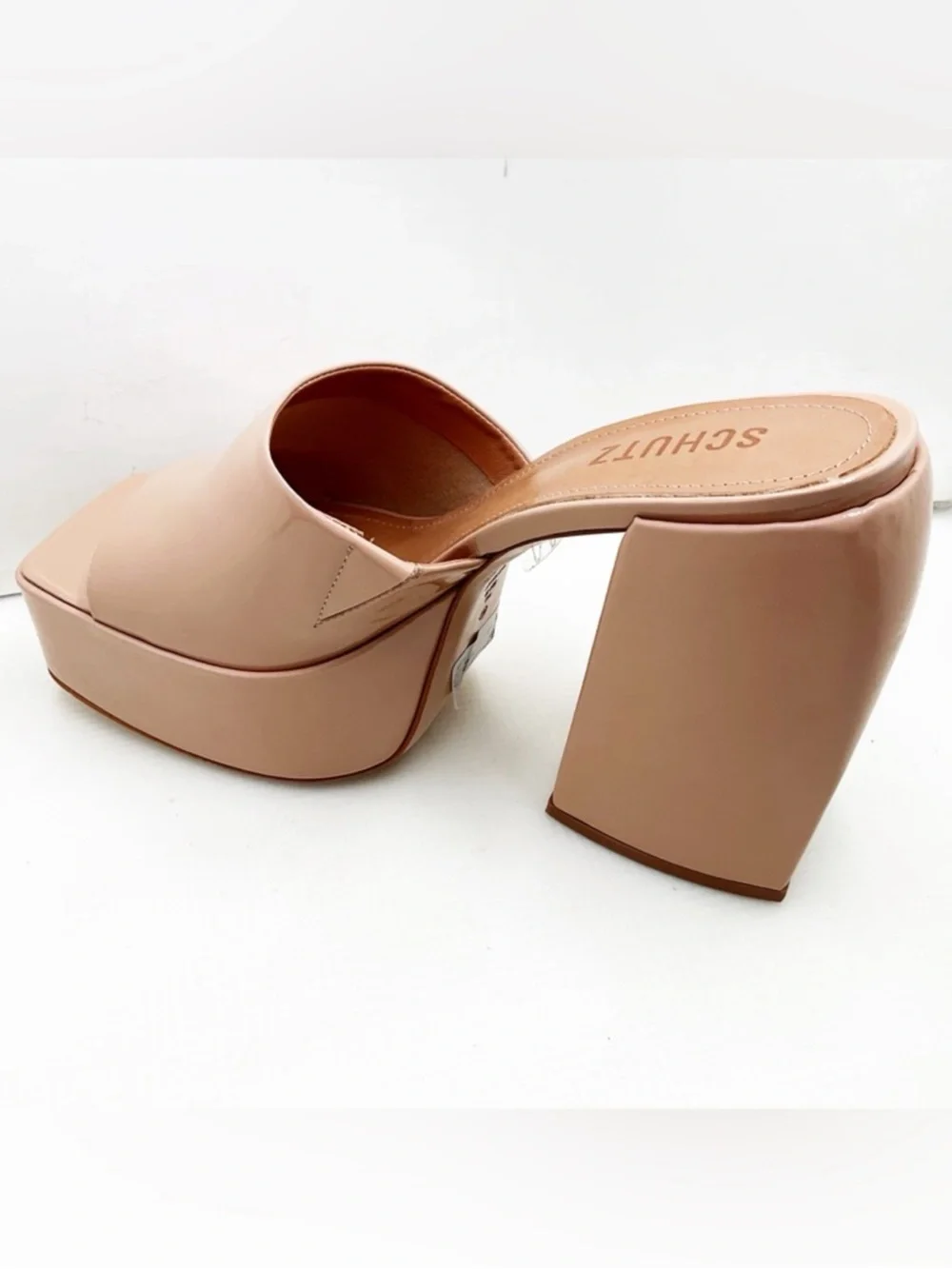 Schutz Aretha Women’s Nude Patent Platform Mule Heels